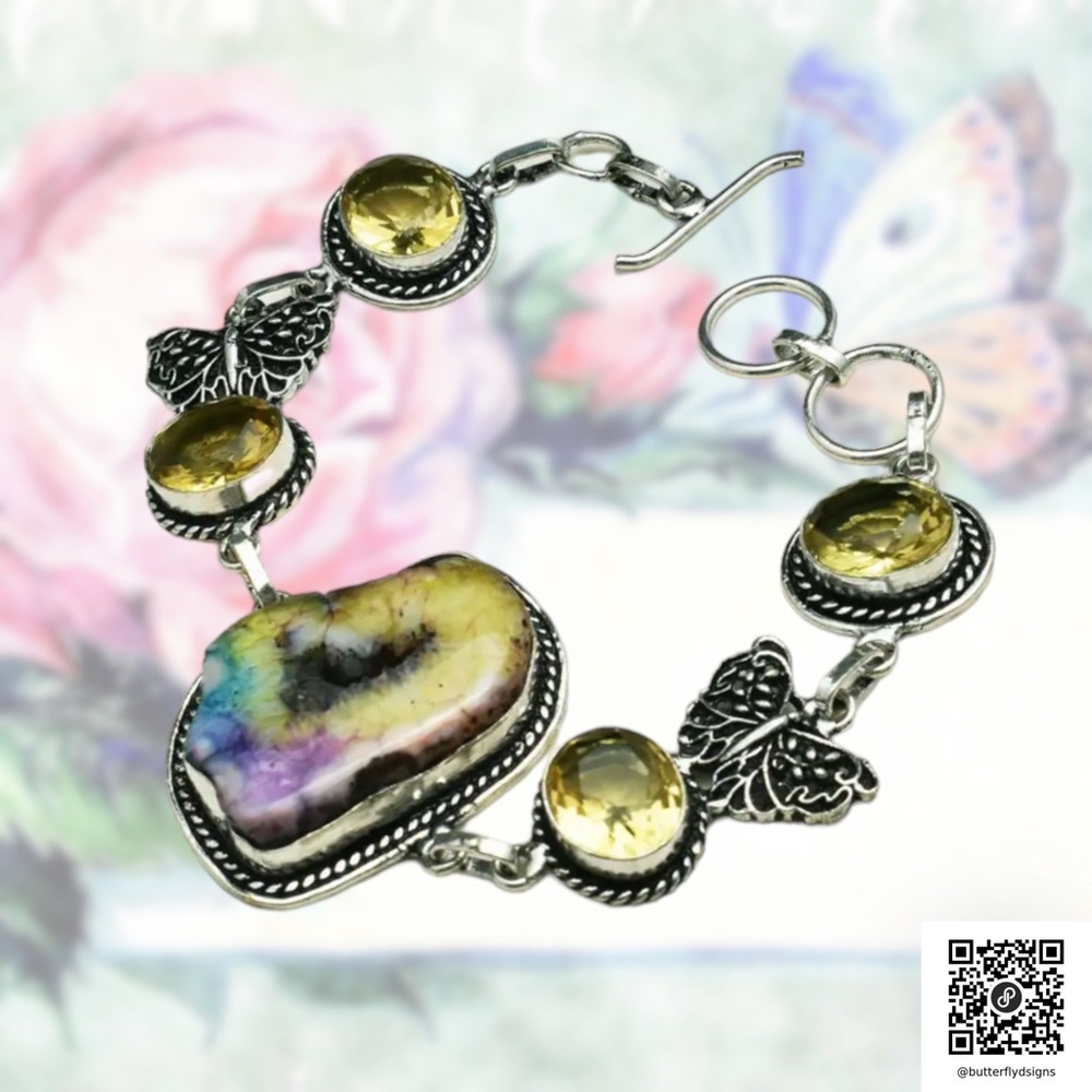 0196 Rainbow Solar Quartz Citrine Butterfly Bracelet Silver Gemstone Jewelry - Picture 11 of 11